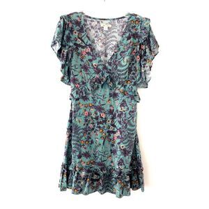 Miami Floral Flounce Romantic Dress Sleeve Ruffle V-Neck Tie Waist In Teal Blue